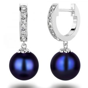 14ct White Gold Tahitian Pearls & 0.15ct Diamond Huggie Drop Earrings