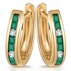 10ct Yellow Gold 1.00ct Emerald & 0.126ct Diamond Hoop Earrings