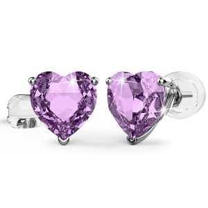 Heart of Amethyst Stud Earrings Encased in 18k White Gold