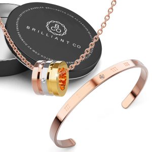 Boxed Contemporary Touch Tri-Tone Pendant Necklace and Bangle Set in Rose Gold